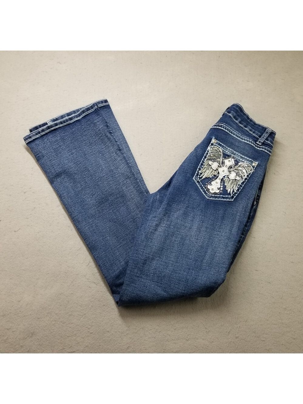 H&Y Fashion Womens Juniors Jeans Size 5/6 Wings Cross Embellish Bootcut Flair